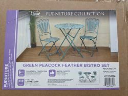New & Boxed Alpine Corporation Indoor/Outdoor 3-Piece Peacock Feather Rustic Metal Bistro Set