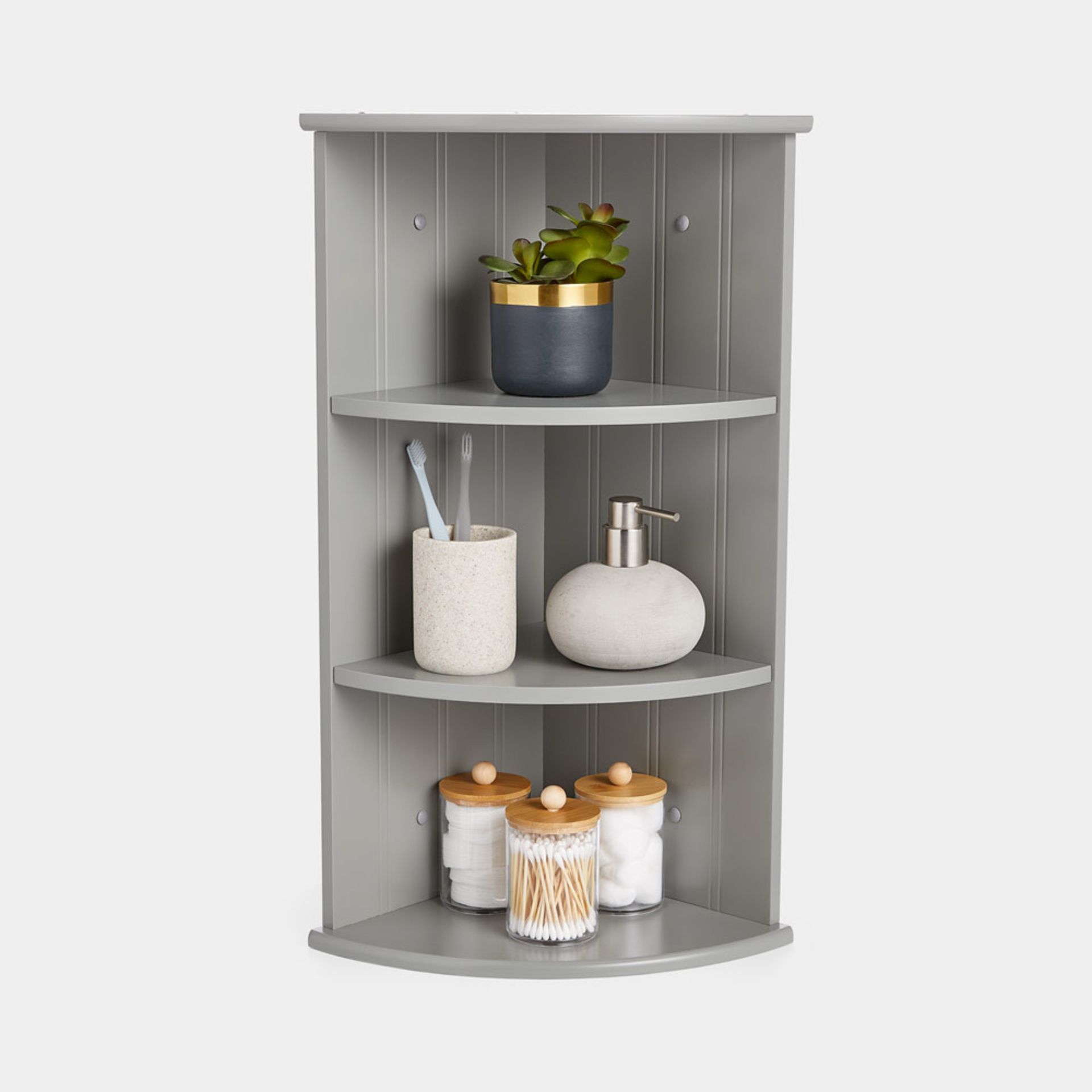 Boxed Corner Shelf Unit - Grey 3 Tier Bathroom Shelving - Freestanding or Wall Mounted Display