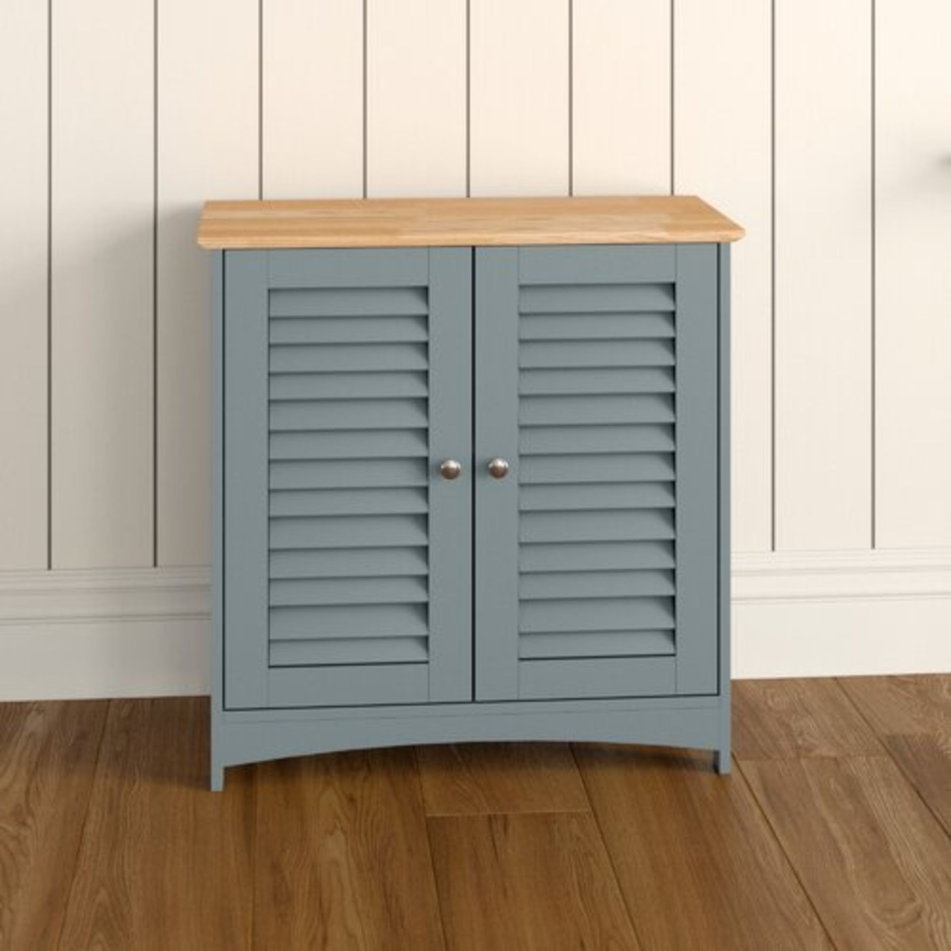 Boxed Bathroom Storage Cabinet – Grey Bathroom Cupboard with Wood Effect Top - Freestanding
