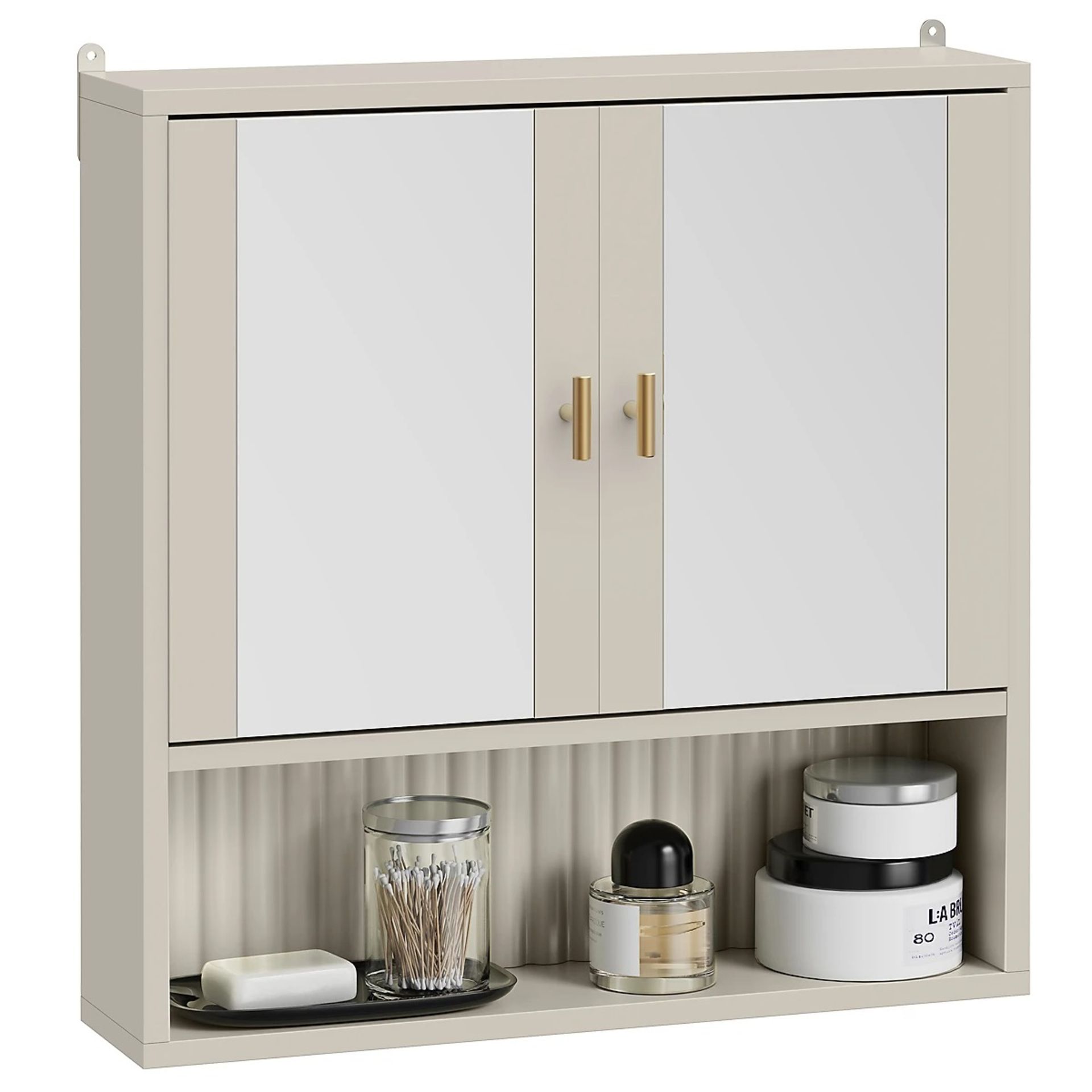 Boxed Bathroom Mirror Cabinet, Stone 2 Door Wall Mounted Bathroom Cabinet with Mirror, Fluted Design