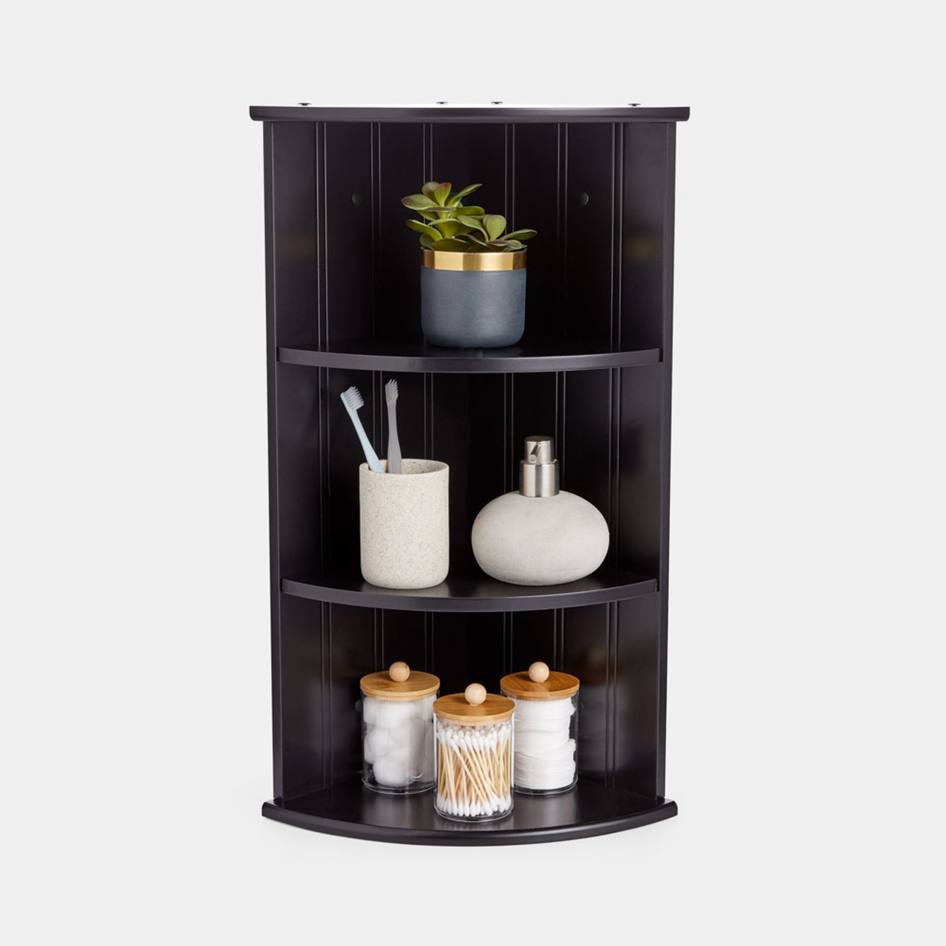 Boxed Corner Shelf Unit - Black 3 Tier Bathroom Shelving - Freestanding or Wall Mounted Display