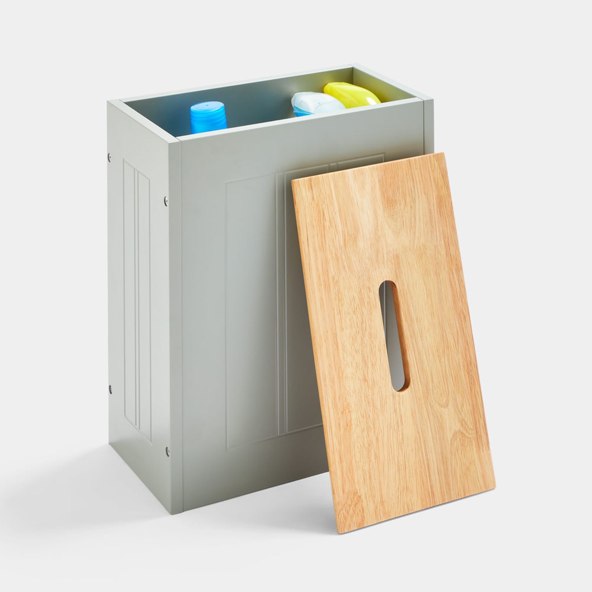 Boxed Bathroom Storage Box - Grey Bathroom Box W/Wood Effect Lid - Bathroom Storage for Cleaning