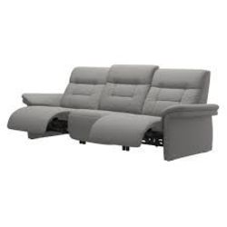 Stressless Mary Wood 3-Seat Sofa Dual Power in Silver Cloud Cori Leather. - SR4F. RRP £7,490.00.