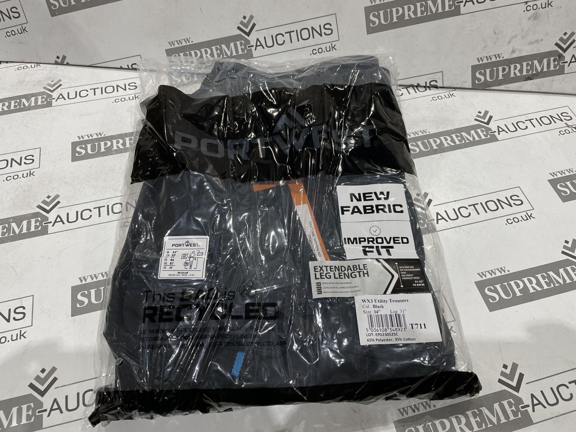 20 X BRAND NEW PORTWEST WX3 BLACK UTILITY PROFESSIONAL WORK TROUSERS SIZE 34 EXTENDABLE LENGTH (LOC: