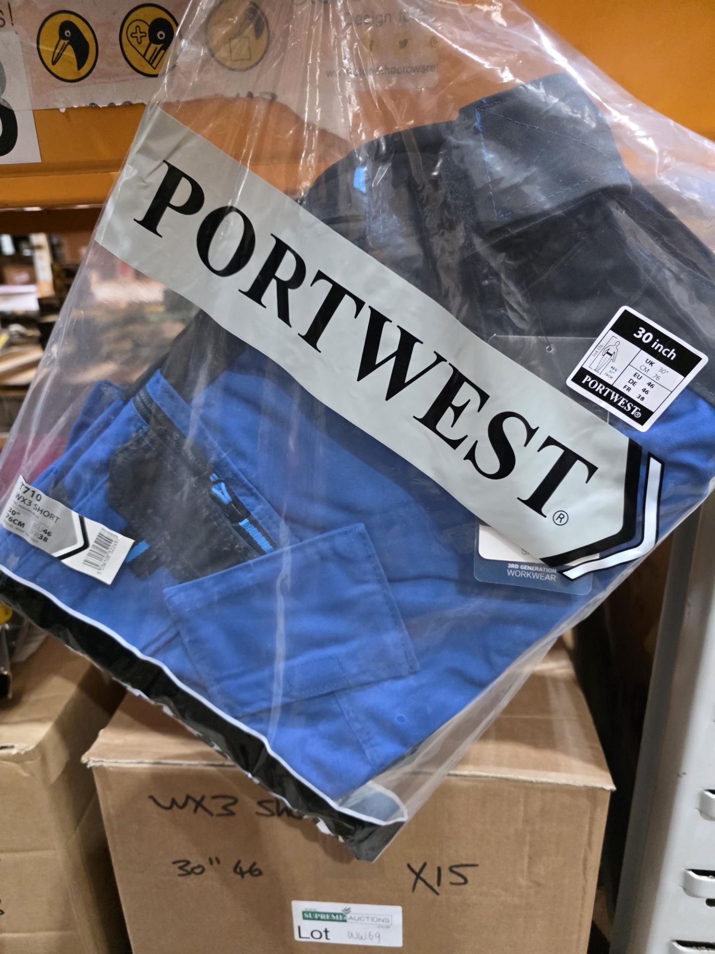 5 X NEW PACKAGED PORTWEST T710 WX3 SHORTS IN PERSIAN BLUE. SIZE 30'' EU 46 (LOC: 5.5-WW69)