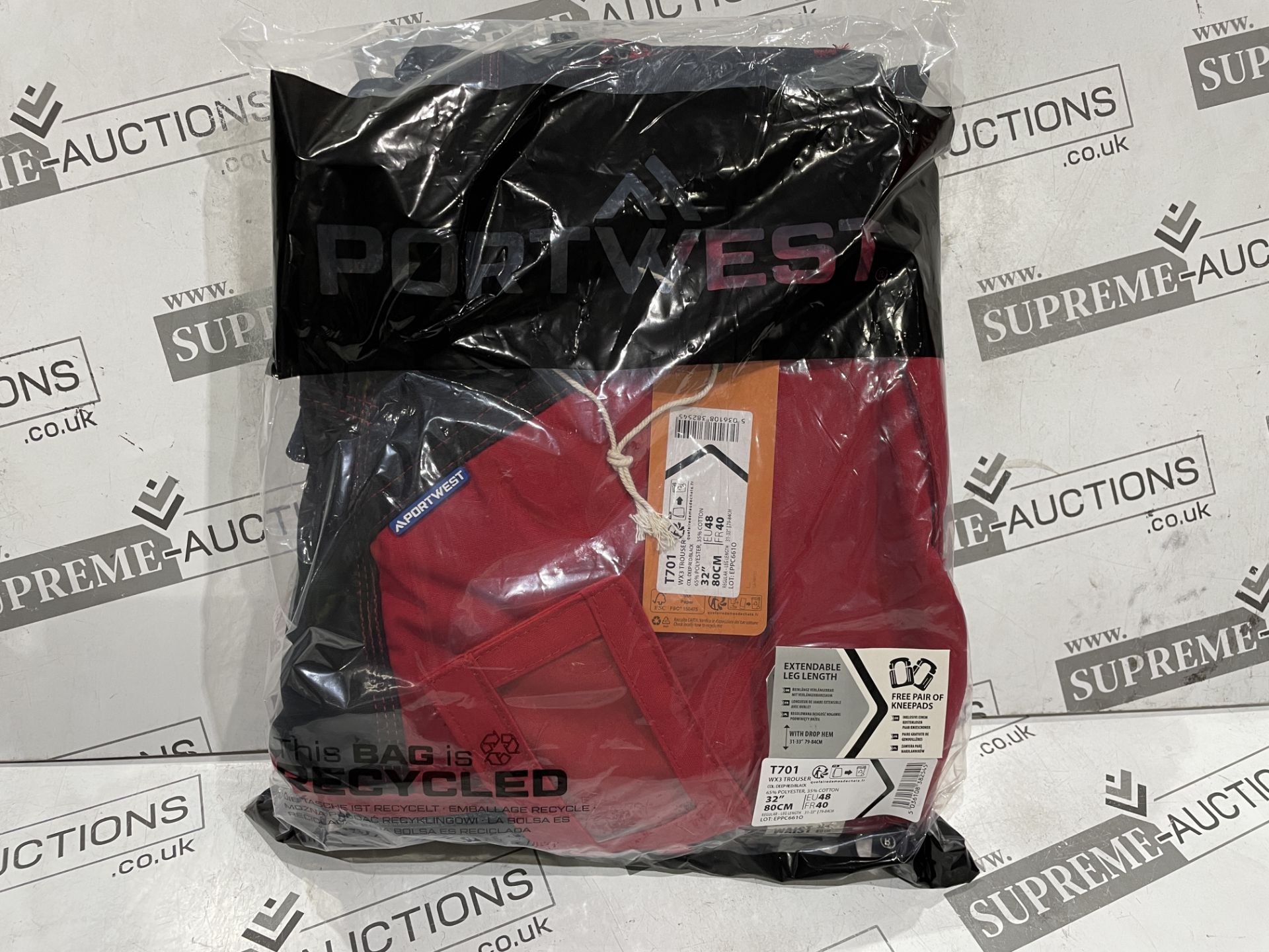 12 X BRAND NEW PORTWEST DEEP RED EXTENDABLE LEG LENGTH PREMIUM WORK TROUSERS WITH PAIR OF KNEEPADS