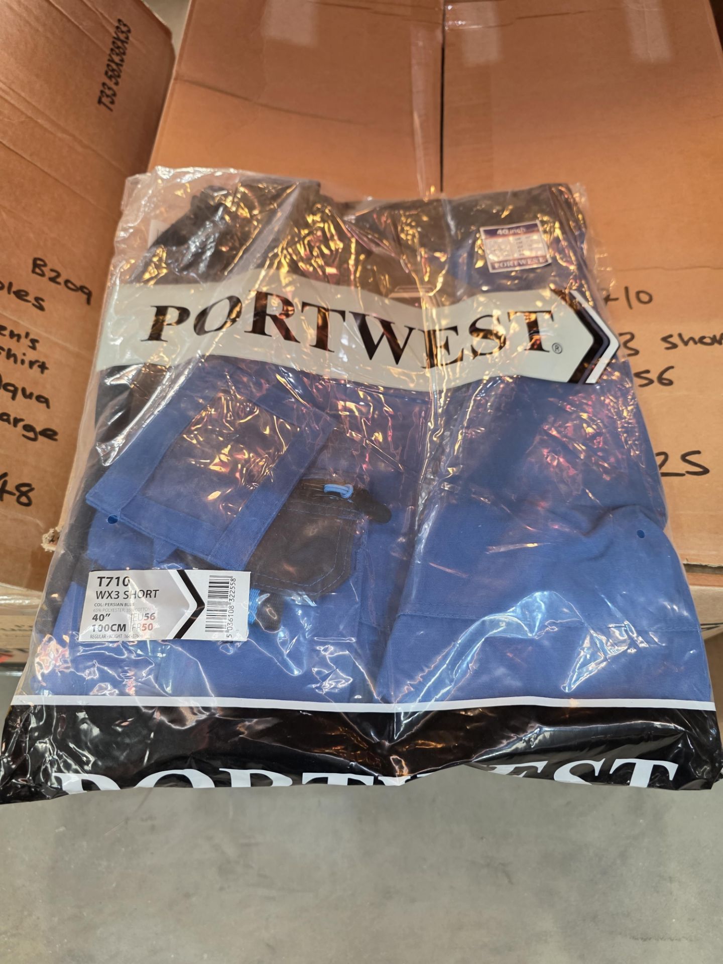 5 X NEW PACKAGED PORTWEST WX3 WORKSHORTS IN PERSIAN BLUE. SIZE 40'' 56 (LOC: 5.1-WW8)