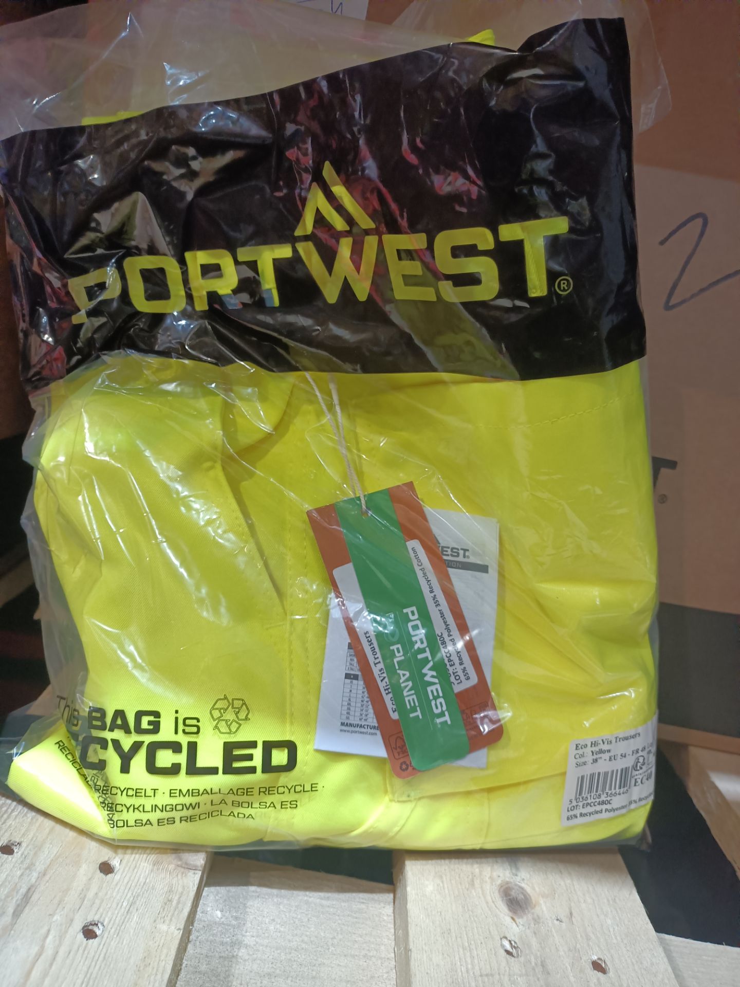 8X PORTWEST ECO HI-VIS TROUSERS . COLOUR - YELLOW , SIZE - 38'' (LOC: 9.9-MM499)