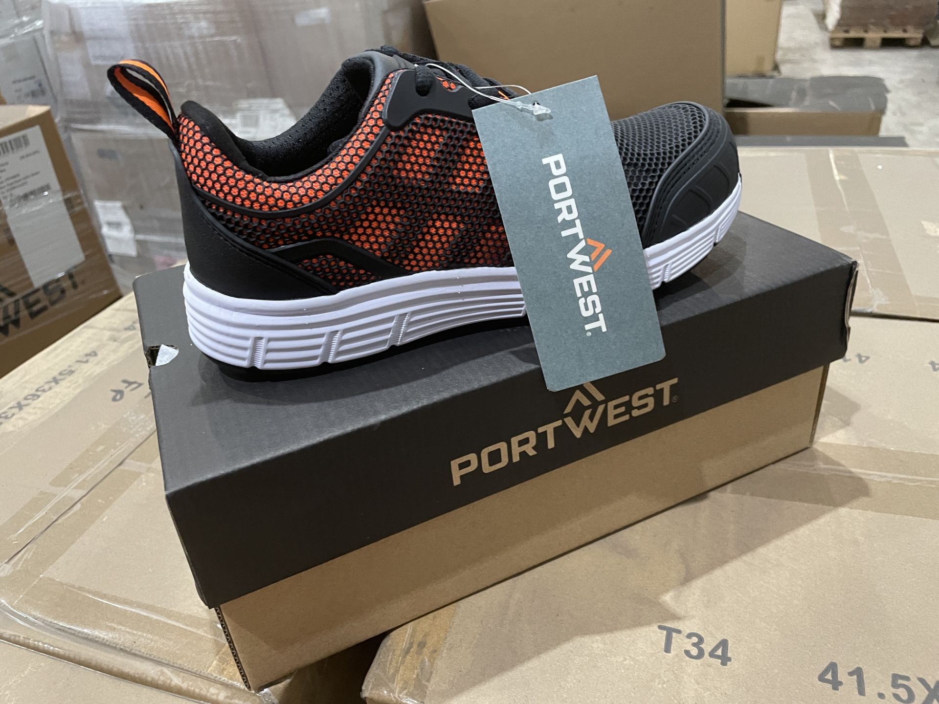 16 X BRAND NEW PAIRS OF PORTWEST BLACK AND ORABGE STEELITE TOVE PROFESSIONAL SAFETY TRAINERS SIZE - Image 2 of 2