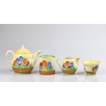 Clarice Cliff for Newport Pottery, four pieces of crocus pattern comprising a teapot with lid,