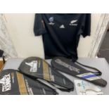 Selection of sports items includes Tennis rackets, rugby t shirt etc
