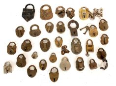 A Collection of 19th Century and Later Small Padlocks, mostly brass, some with keys
