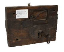A 17th Century Wooden-Cased Door Lock, with original key, barrel projection to an offset pin from