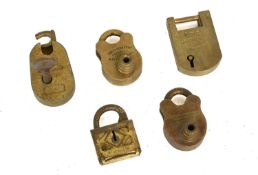 Five Assorted Brass Padlocks, including L&F five lever, with key, a small brass padlock stamped