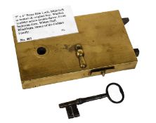 A 19th Century Brass Rim Lock, slide bolt and original key, warded tumbler action double throw 17.