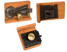 A 17th Century English Cabinet Door Lock, no key, with protruding barrel, draw back action only,