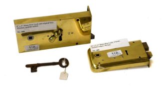 A Brass Rim Lock, with original key, warded, tumbler action 20cm by 10cm A Brass Two Lever Rim Lock,