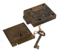 A 19th Century Brass Safe Slam Lock, numbered 11427, with key 11cm by 11cm A Chubb Patent Lock,
