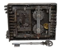 An Early 18th Century French Iron Lock, turning twenty-two times to throw the bolts, the engraved