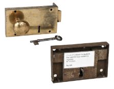 An LH Brass Rim Latch, four lever warded key, with one brass knob, bolt is deadlocked by key 16cm by