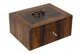 A Metal Portable Cash Box with Alarm, painted to simulate wood, the hinged lid enclosing a red-