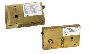 A 19th Century Brass Square Edged Rim Lock, no key, warded lock, swing escutcheon inside, slide knob