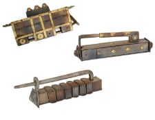 Three Middle Eastern Brass and Iron Decorative Locks, possibly from Kashmir