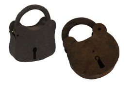 Two Large 18th Century Iron Padlocks, no keys 17.5cm and 17cm