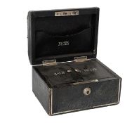 A Small Black and Leather Cash Box by Miller, Bristol, with Bramah London lock and key 15cm by