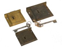 Three 19th Century Chubb Cabinet Box Locks, 1619900 with key, 1275749 with key and 46836 without key