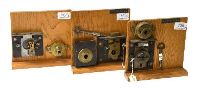 A 19th Century Safe Lock, with key and detector, stamped 12, the brass lock stamped S WHITFIELD &