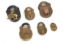 A Group of Six 19th Century Brass and Metal Padlocks, of varying sizes, including a Victorian Bramah
