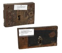 A Metal Plate Lock, mounted in an oak case, specially shaped key, key one side only, no key supplied