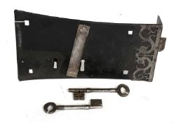 A Mid 18th Century Iron Door Lock, with shaped plate, with mounted cut through decorative serpent