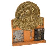 A Milners Safe Lock, numbered 195591 and stamped MILNER LIVERPOOL & LONDON, with cast brass name