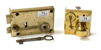 A Brass Four Lever Latch by A Brown, Birmingham, with inside knob, can be fastened back by pin on