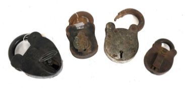 Four 19th Century Padlocks, of assorted sizes, three without keys, the largest ebonised example with