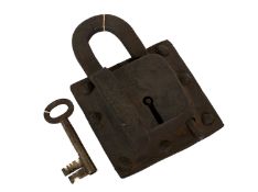 A Mid 17th Century Large Iron Padlock, with square body and swinging detachable shackle, later key