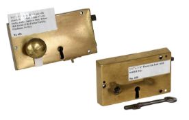 A Brass Rim Lock, with slide bolt at bottom and pair of brass knobs, no key 19.5cm by 10.5cm A