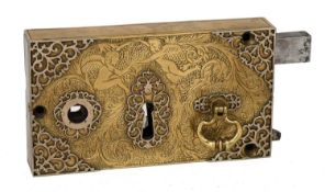 An Early 18th Century Dutch Engraved Brass Rim Lock, engraved with cherubs and foliate work with