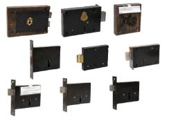 Nine Assorted Locks from Lichfield Cathedral, comprising: a simple warded mortice lock, with