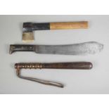 A WWII dated military machete together with a police truncheon and a hand axe.