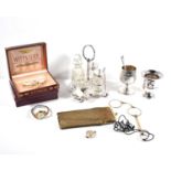 A group of collectables to include a silver plated cruet set, gold plated lorgnette with velvet