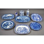 A group of early 19th century and later, blue and white porcelain to include platters decorated with