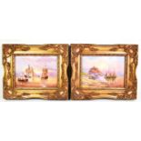 A pair of painted porcelain plaques by Ernest Roy Booth (formerly Royal Worcester) depicting coastal