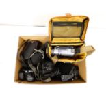 Collection of SLR and digital cameras to include a Sony Digital 8 Handycam, Nikon F-601, Panasonic
