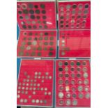 Six coin drawers containing a collection of mixed 18th, 19th and 20th century coins. Includes silver