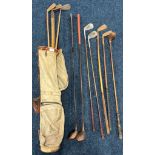Antique Golf Bag containing Collection of Hickory Golf Clubs.