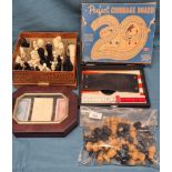 A Tray of cards and chess sets; Boxed Vintage hard plastic figural chess set. Staunton Style