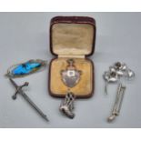 A Selection of silver jewellery and fob medal; Boxed Silver and enamel rifle fob medal, Sterling